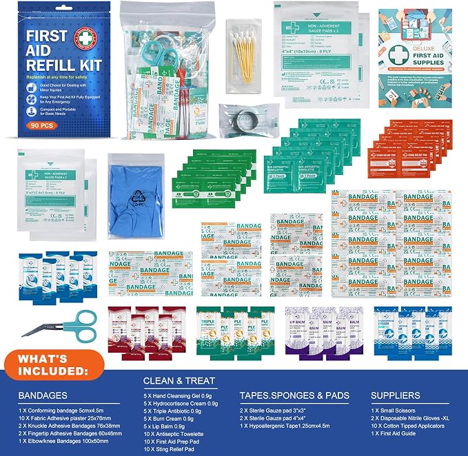 SuccorWare 90 Pieces First Aid Refill Kit - Wound Care Kit Includes Bandages for Home, Travel, Hiking - Portable Replacement Kit for First Aid Medical Supplies（2 Set）