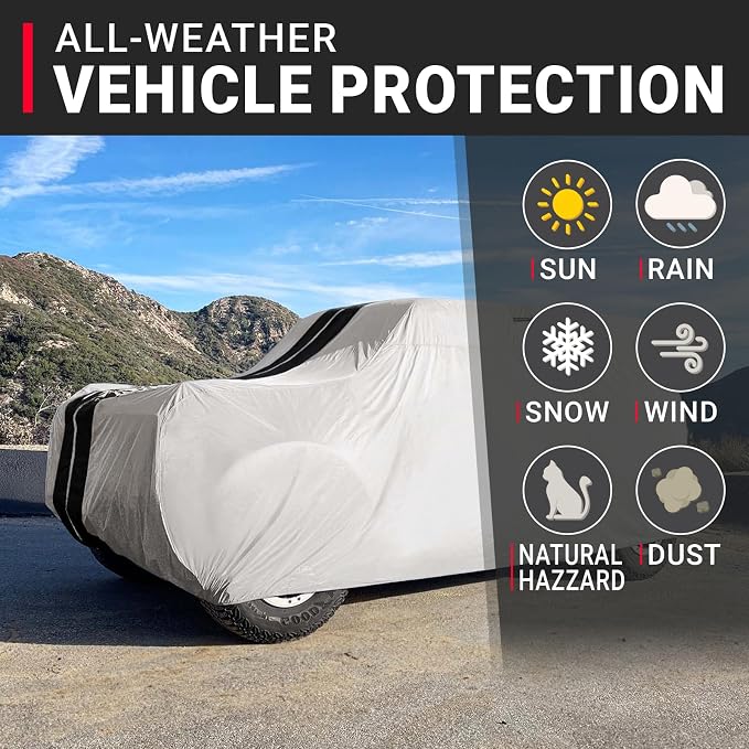 iCarCover Premium Heavy Duty SUV Car Cover - Waterproof All Weather Rain Snow UV Protection, Venue, Soul, XB, Defender 90, Tracker 4-Door, Samurai, Size S59 (See Size Chart), Stripe - Light Gray/Black