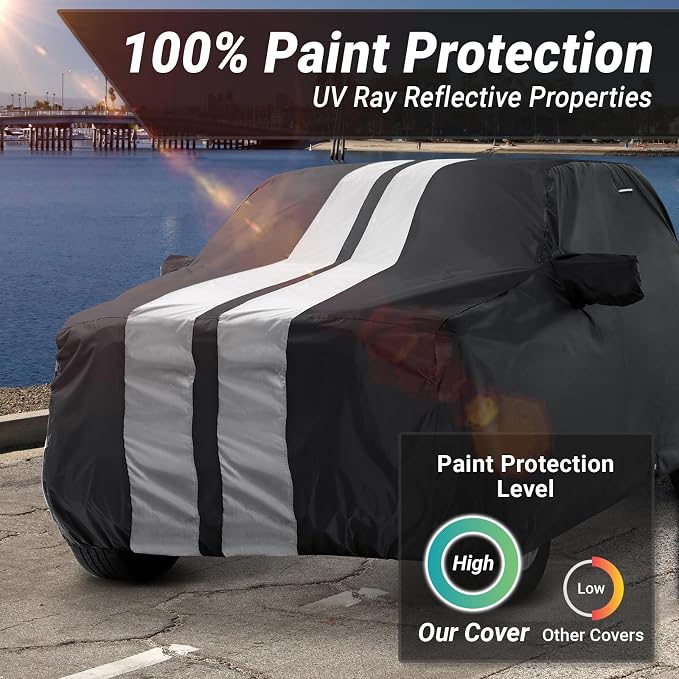 iCarCover Premium Heavy Duty Truck Car Cover - Waterproof All Weather Rain Snow UV Protection, F150 250, C/K 3500, Silverado, Ram, Tundra, Sierra, Titan, Size T70 (See Size Chart), Stripe - Black/Gray