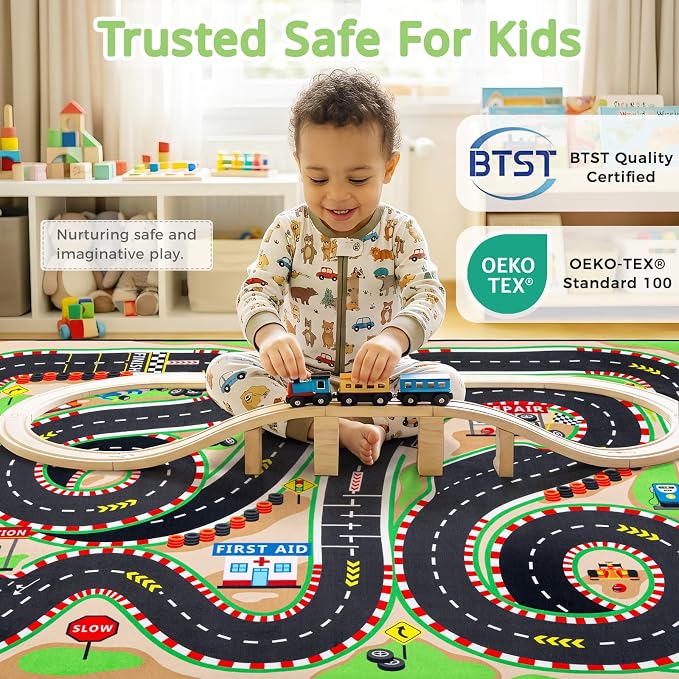 Kids Rug, 5x7 Ft Race Track Car Rug for Kids | Extra Thick 0.4in Soft Non-Slip Racing Car Carpet Play Rug with 3D Track Design for Toy Cars, Playroom, Bedroom &Nursery