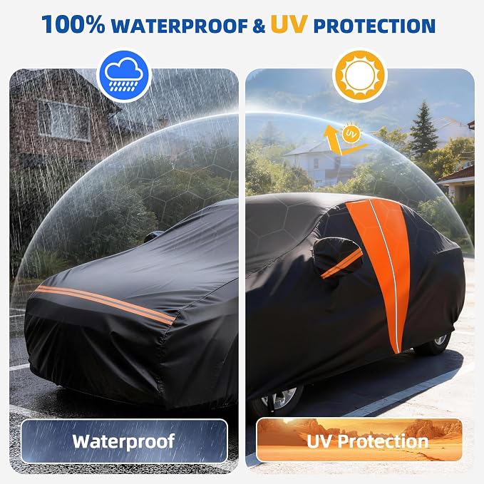 Car Cover Waterproof All Weather, Soft Cotton Lining Outdoor Full Covers with Door Zipper for Audi A4 for Kia Stinger for Toyota Camry, Universal Fit Sedan Length 186" to 193" L,Size A5