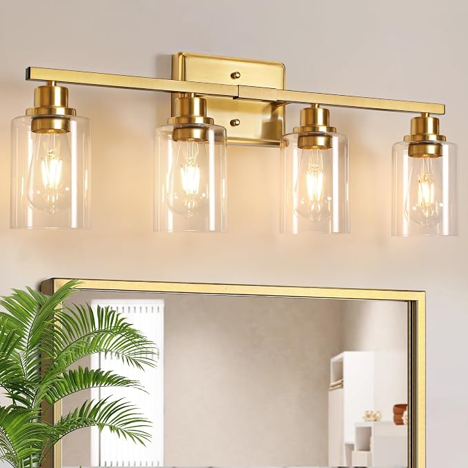 Unicozin Modern Bathroom Light Fixtures, 4 Light Vanity Lights Over Mirror, Gold Wall Lamp with Clear Glass for Living Room Cabinet Bedroom Porch Powder Room