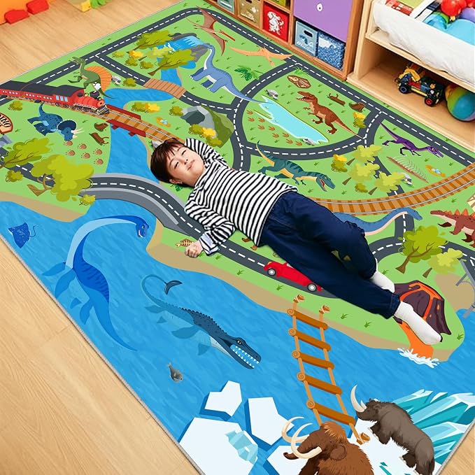 Kids Rugs for Playroom - Non-Slip 3x4 ft Car Rug Dinosaur Play Mat | Soft Fabric, Dinosaurs Carpet, Washable Car Rugs Road Carpet, for Classroom Nursery Bedroom Boys, Stain and Flame Resistant