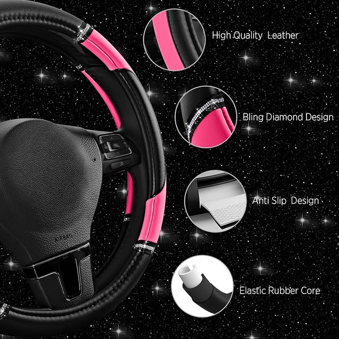 Road Comforts Leather Steering Wheel Cover - Made with PVC Leather - Anti-Slip, Universal Fit 14 1/2 inches to 15 inches - Hot Pink
