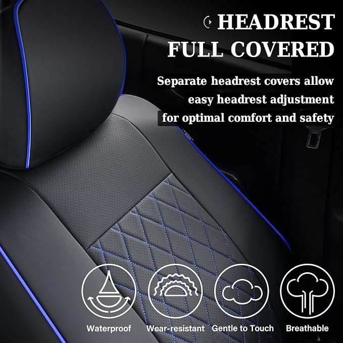 Coverado Tacoma Seat Covers Full Set, Faux Leather Seat Covers Custom Fit for 2005-2015 Toyota Tacoma Double/Crew Cab Base Prerunner SR5 Limited TRD Sport Interior Covers (Blue Line)