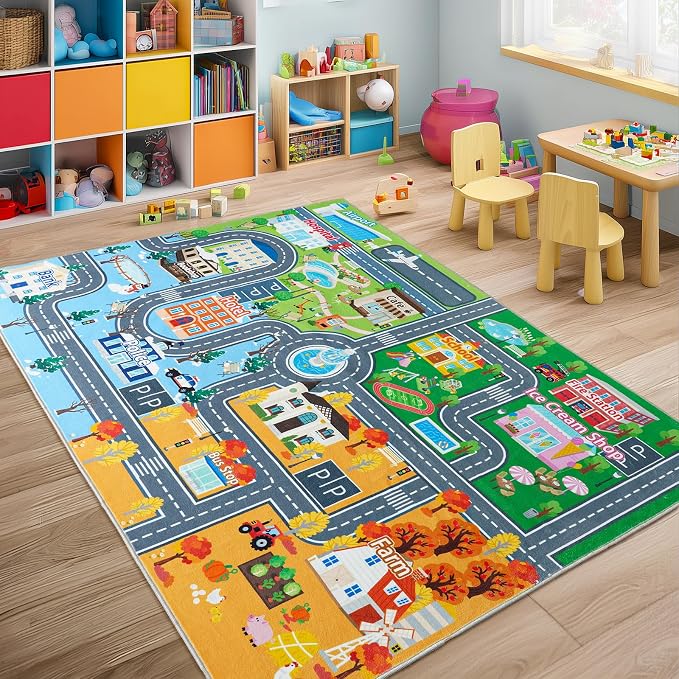 Car Rug Play Mat for Kids Toy Cars, 5' x 7' Town City Track Road Carpet, Non-Slip Machine Washable Town City Track Road Rugs Four Seasons Theme Traffic Mat for Kids Room Bedroom Game Safe Area
