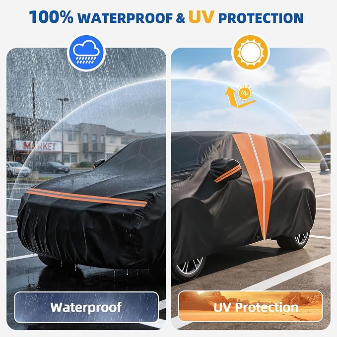 10-Layer SUV Car Cover Waterproof All Weather, Soft Cotton Lining Car Covers for Automobiles & Car Snow Cover with Door Zipper, Universal Fit for SUV 192"-208" L, Size S4 (See Size Chart)