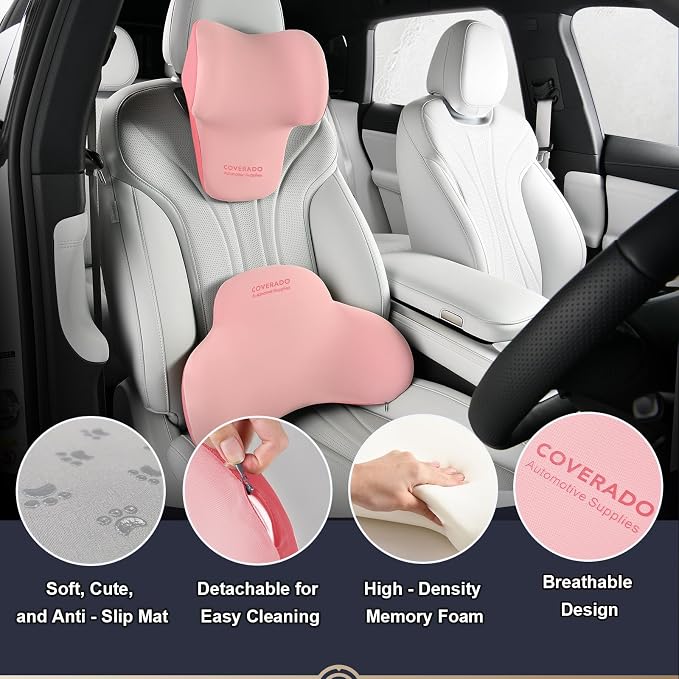 Coverado Lumbar Support and Headrest Pillow for Car, Memory Foam Ergonomic Head Neck Support Pillow for Driving Seat, Back Support and Pain Relief, Seat Cushion for Car, Driver, Office