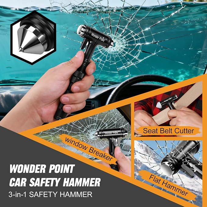 Car Window Breaker, Automotive Safety Hammer with Seatbelt Cutter, 3-in-1 Emergecy Escape Tool Car Metal Window Breaker Seatbelt Cutter, Aluminium Alloy Glass Breaker Hammer(Black 1Pack)