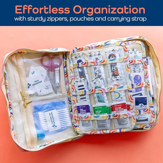 KeepGoing Large Home First Aid Kit for Kids – 270 Pc. for Car, Home, Dorm, & Boat with Latex-Free Bandages – 10 x 7 x 3.5 in. Travel First Aid Kit (Sunny Rainbow)
