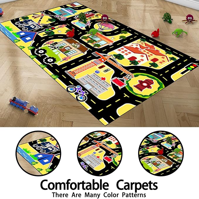 Car Rugs for Kids Toy - Car Track Carpet for Boys Road Rug for Bedroom Road Map Carpet for Kids Toy Play Mat Farm, 3x5 Feet