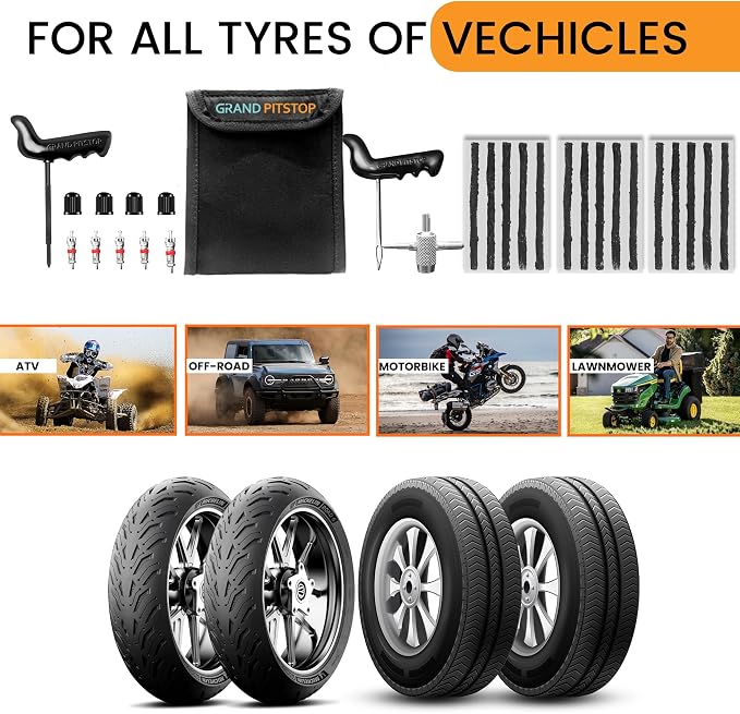 GRAND PITSTOP 27 Pcs Universal Tire Repair Kit, Heavy Duty Car Emergency Tool Kit for Flat Tire Puncture Repair, Compact Kit for Autos, Cars, Motorcycles, Trucks, RVs, etc. (30 Strips)