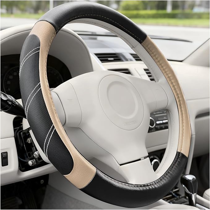 Car Steering Wheel Cover, 14.5-15" Non-Slip Soft Leather Breathable Sporty Steering Wheel Protector, Comfortable Automotive Interior Protection Accessory, Universal for Vehicles (Black/Beige)
