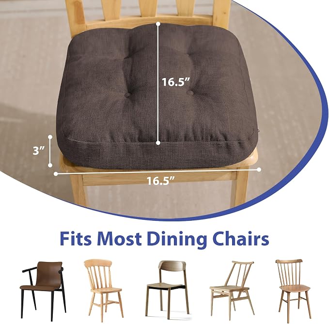 IASEAHK Chair Cushions for Dining Chairs, Dining Chair Cushions, Tufted Indoor Chair Pads with Ties & Non Slip Backing, Seat Cushions for Kitchen Chairs 16.5” x 16.5” x 3.5”, Set of 6, Brown