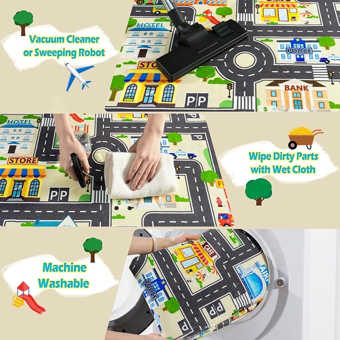 Car Rug Play Mat for Kids Toy Cars, City Road Traffic Playmat for Kid Bedroom, Non-Slip Machine Washable Kids Rugs for Learn and Have Fun 4'x5'/ 48"x60", Beige