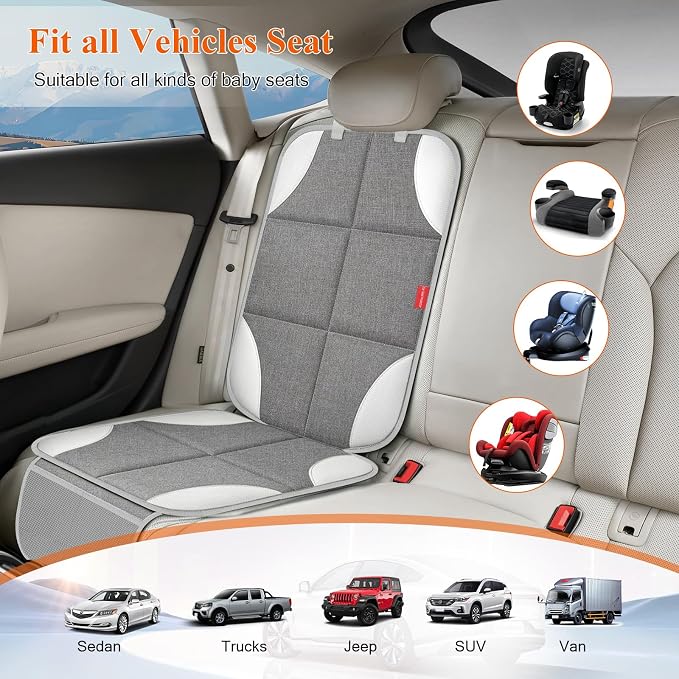 Car Seat Protector, Carseat Seat Protectors with Thick Padding and Upgraded Non-Slip Backing, Waterproof Seat Protector Under Baby Car Seat, 600D Fabric Car Seat Covers, Silver-Gray, 2PCS