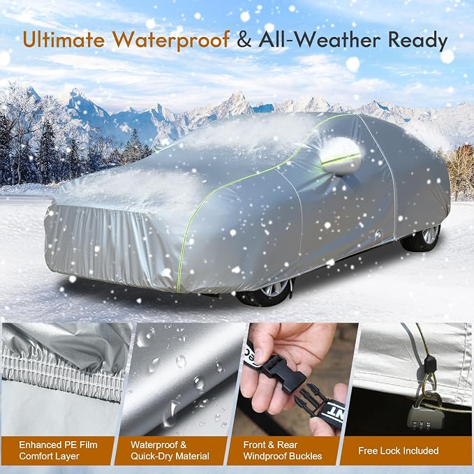 Tecoom Car Cover for Automobiles Waterproof, Windproof Sun Rain Snow Protection Fit for Tesla Model 3 Toyota Corolla 2000-2023 Honda Civic 1991-2023, Kia Stinger/Forte, Full Covers Sedan 201-210"
