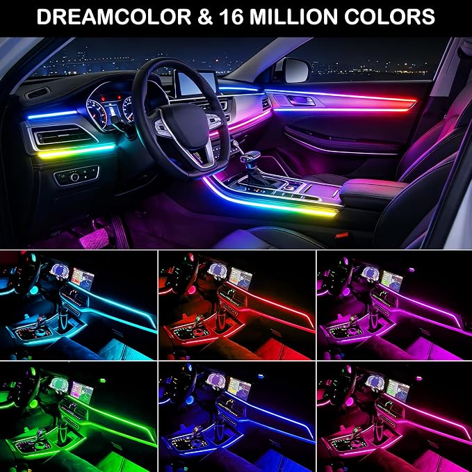 Interior Car LED Strip Lights with Wireless APP, Ambient Lighting Kits with Dynamic Dreamcolor Chasing, 16 Million Colors Acrylic LED Lights for Car, Sound Active Function Car Neon Lights (10 in 1)