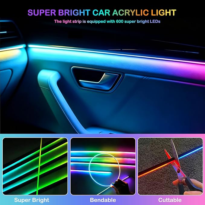 Interior Car LED Strip Lights with Wireless APP, Ambient Lighting Kits with Dynamic Dreamcolor Chasing, 16 Million Colors Acrylic LED Lights for Car, Sound Active Function Car Neon Lights (10 in 1)