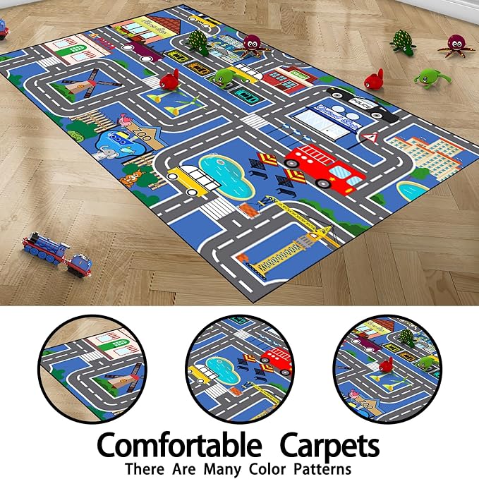 Car Rugs for Kids - Car Track Carpet for Boys Road Rug for Bedroom Road Map Carpet for Kids Toy Play Mat Farm, 3x5 Feet