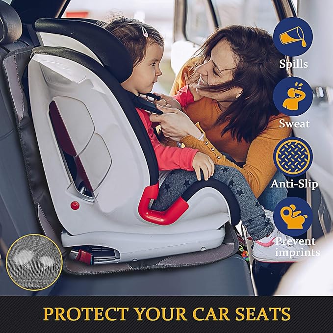 Universal Car Seat Protector - Waterproof Leather Seat Cover with Non-Slip Back & Organizer Pockets, Thick Padding for Child Safety (1, Black)