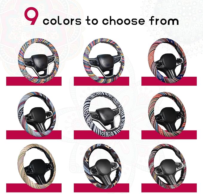 Boho Steering Wheel Cover, Anti-Slip Coarse Flax Cloth Ethnic Style Auto Wheel Cover, Breathable Boho Auto Steering Wheel Protector for Women Men, Car Accessories (Style D)