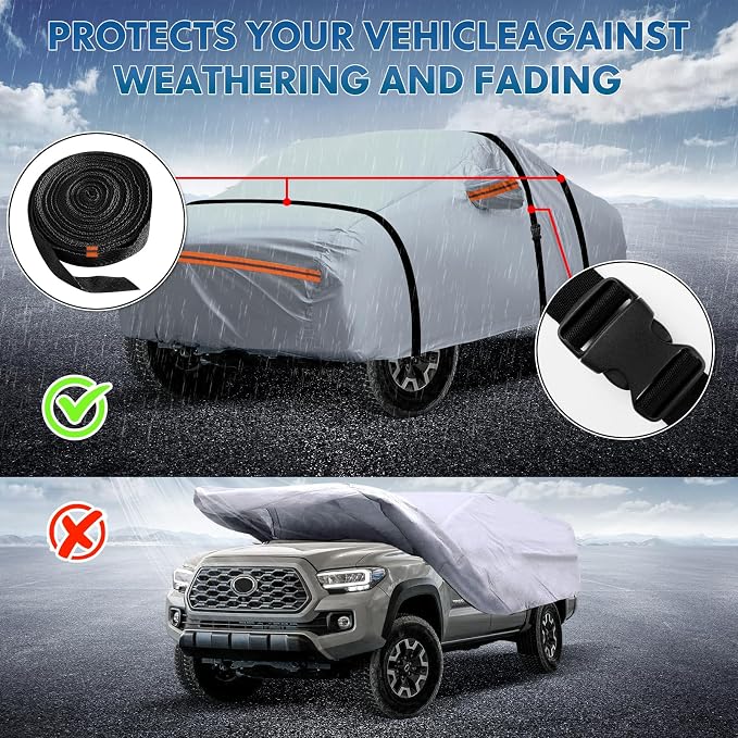6-Layer Full Car Cover is All-Weather Waterproof, All Seasons, Snow Prevention Rainproof, Acid Rainproof, Sunscreen, Ultraviolet-Proof, Fits Hatchbacks up to 173 ", Orange Reflective Strip