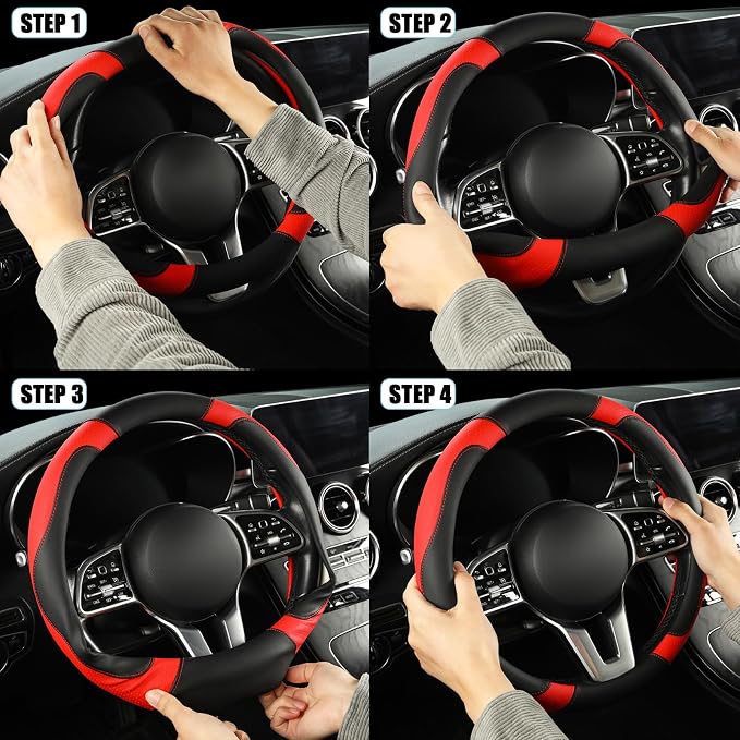 Black Red Microfiber Leather Steering Wheel Cover 15 inch | Breathable Anti Slip Grip Cool Sporty Look Glow for Women Men