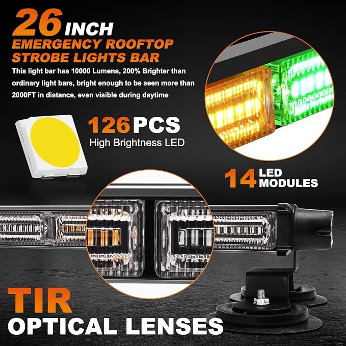 ASPL 26inch 126 LED Rooftop Emergency Strobe Lights Bar Double Side Flashing Safety Warning Traffic Advisor Light Bar Hazard Snow Plow Light for Trucks Vehicles Construction Tow Pickup(Amber/Green)