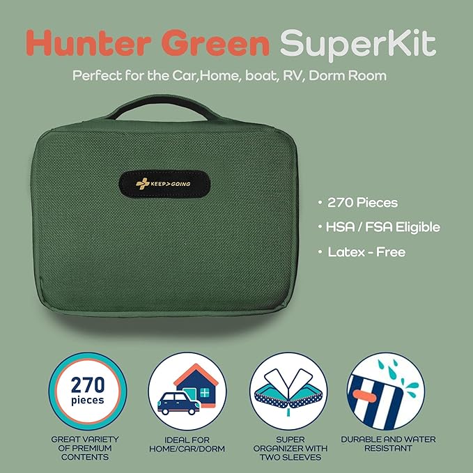 KeepGoing Large Home First Aid Kit for Kids – 270 Pc. for Car, Home, Dorm, & Boat with Latex-Free Bandages – 10 x 7 x 3.5 in. Travel First Aid Kit (Hunter Green)