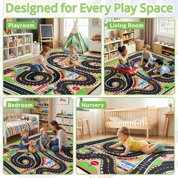 Kids Rug, 5x7 Ft Race Track Car Rug for Kids | Extra Thick 0.4in Soft Non-Slip Racing Car Carpet Play Rug with 3D Track Design for Toy Cars, Playroom, Bedroom &Nursery