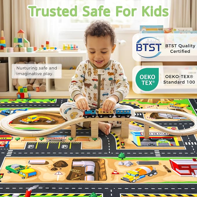 Kids Rug, 3x5 Ft Construction Play Rug for Kids | Extra Thick 0.4in Soft Construction Site Play Rug with Non-Slip Rubber Backing,Machine Washable for Bedroom & Playroom