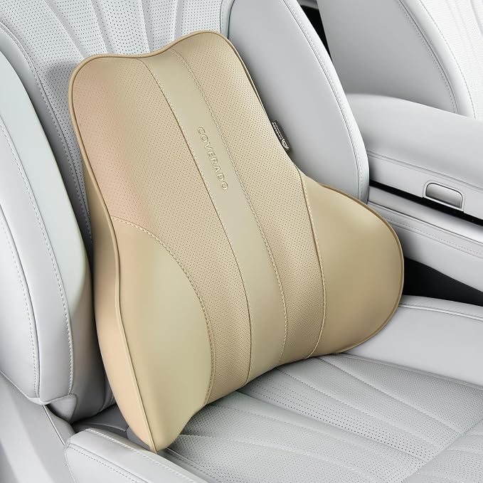 Coverado Lumbar Support Pillow for Car, Ergonomic Memory Foam Back Pillow for Office Chair, New Back Cushion for Pain Relief, PU Leather Car Lumbar Support for Driving Seat
