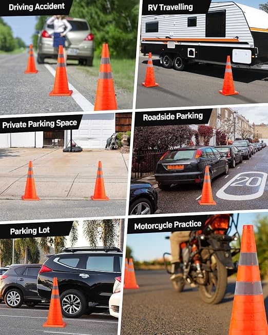BATTIFE [10 Pack] 28 Inch Collapsible Traffic Safety Orange Cones, Multi Purpose Pop-up Cones and Reflective Collar, for Road Parking, Driving Practice