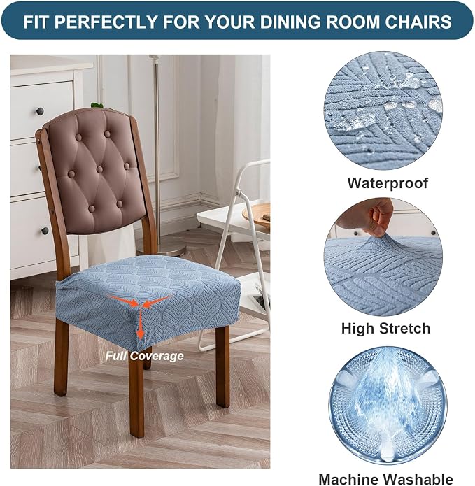 Removable Washable Dining Chair Seat Covers Set of 6,Stretch Jacquard Chair Seat Cushion Protector Slipcovers, Rear Covers