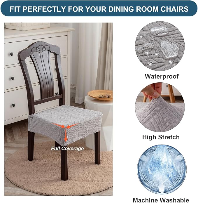 Waterproof Stretch Seat Covers,Dining Room Chair for 6 Set Removable Washable Chair Slipcover Protectors,No Rear Covers,Light Grey