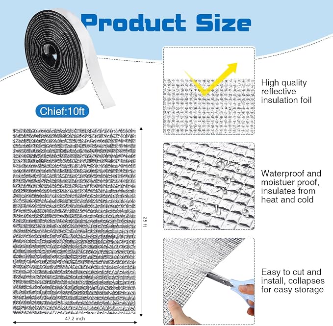 Frienda Rv Window Reflective Insulation Roll 47.2inchx25ft Double Aluminum Foil Heat Bubble Thermal Window Shade Door Cover Blackout for Garage Roof Travel Camper Skylight Shield
