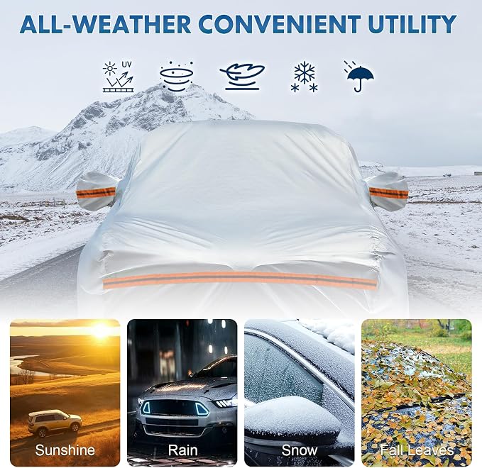 Car Cover, Fit for 188"-198" Length Sedan, 6-Layer All-Weather Waterproof, Universal in All Seasons, Snow Prevention, Rainproof, Acid Rainproof, Sunscreen, Orange Reflective Strip