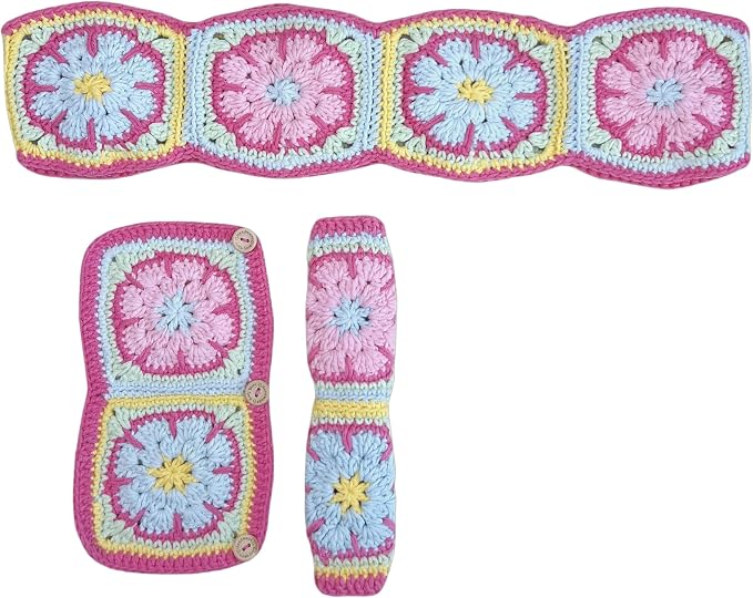 Handmade Crochet Pink Fower Granny Square Car Steering Wheel Covers Universal 14-15 inch for Women and Men (Steer Wheel Cover+ 2 Belt Cover+2 Coaster)