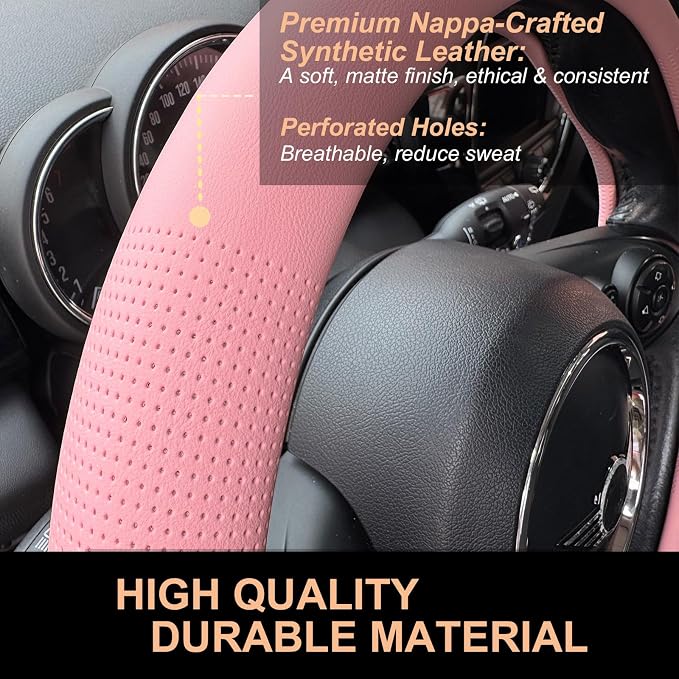 PINCTROT Nappa Leather Steering Wheel Cover, Slim Fit No Bulk Design, One Piece Leather with Breathable Perforation, Fit Like Gloves, Universal 14.5-15 Inch(Nappa Pink)