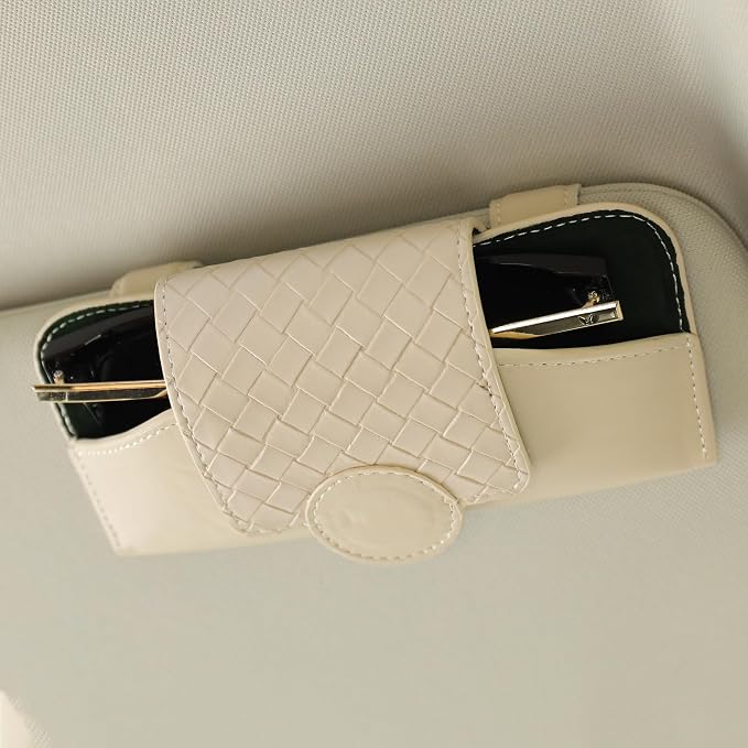KINIVA Sunglasses Holder for Car Visor Leather Glasses Case with Clips for Car Visor Automotive Interior Visor Accessories Apply to All Car Models (10 Beige)