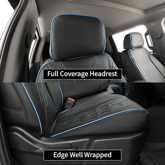 EKR Silverado Seat Covers Custom Fit for (Crew Cab) 2019-2026 Chevrolet Silverado 1500/1500 Limited/HD 2500/3500, Rear Row W/No Armrest,Faux Leather (Black with Blue Trim)