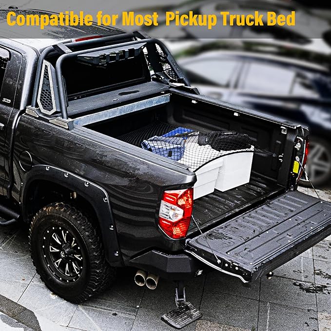 Cargo Net for Pickup Truck Bed, Trucks Cargo Net Mesh Organizer, 4'x4' Stretch to 7'x7' Highly Elastic Truck Bed Net for Camping, Trip Luggage, Compatible with Trailer, Ford, Chevrolet, Dodge