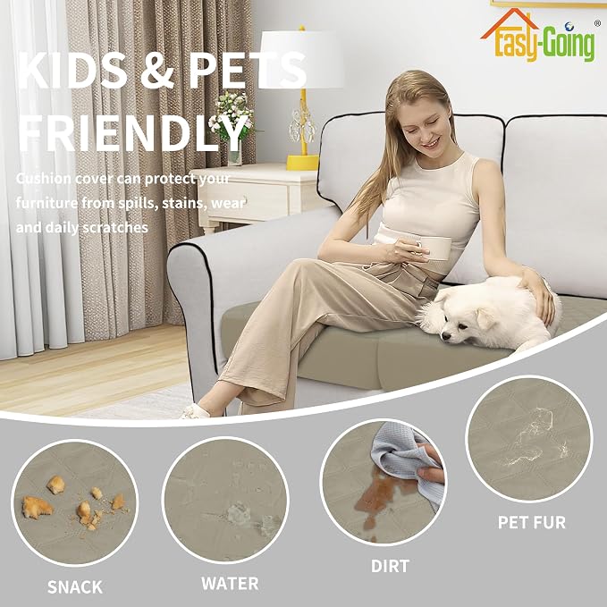 Easy-Going Waterproof Chair Cushion Cover, Non-Slip Leakproof Sofa Seat Cushion Slipcovers, Quilted and Stretch Furniture Protector for Dogs, Pets (1-Piece Chair Cushion, Beige)