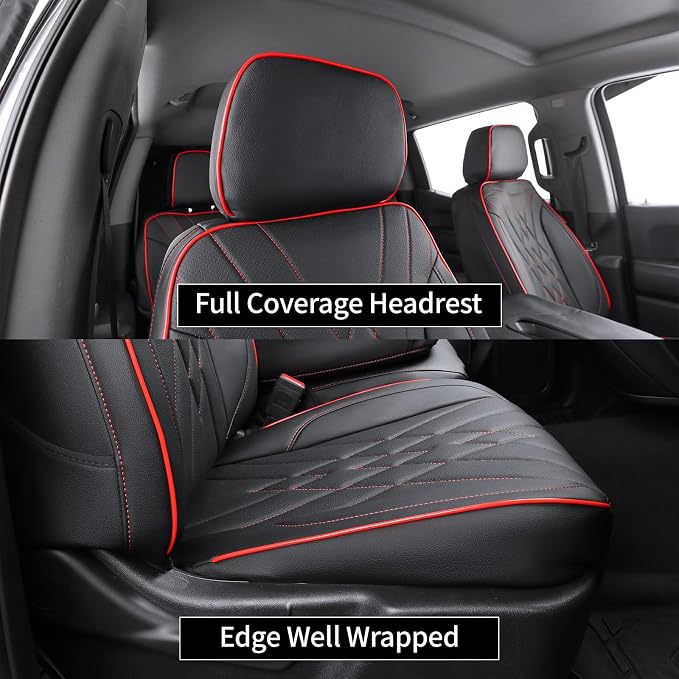 EKR Silverado Seat Covers Custom Fit for (Double Cab) 2014-2018 Chevrolet Silverado 1500 & HD 2500/3500 LT/LTZ/Custom,Leather Car Seat Cover Full Set,Faux Leather(Black with Red Trim)