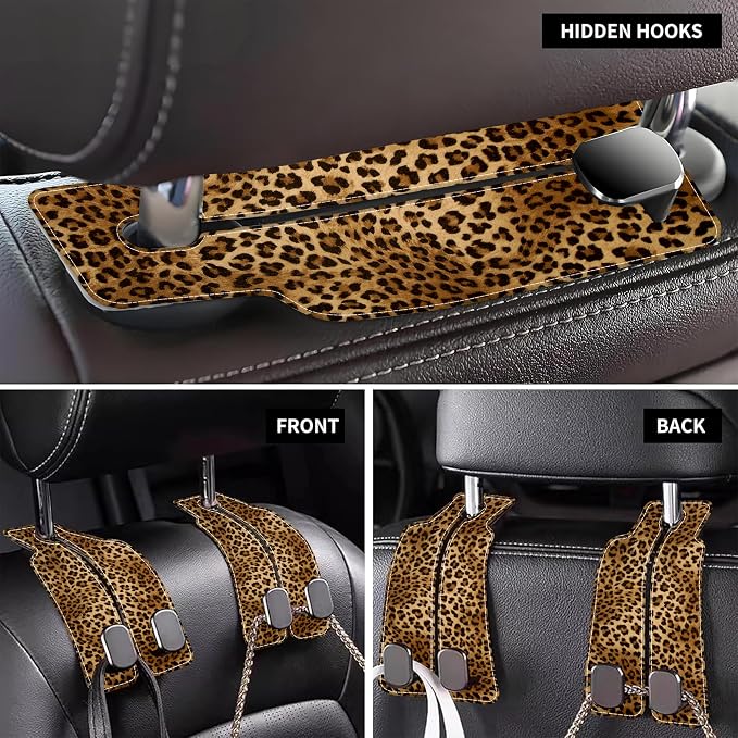 1 Pack Car Seat Headrest Hooks for Purses and Bags Abstract Brown and Black Leopard Bag Purse Holder for Car with Double Metal Hooks Car Purse Hanger Hanging Accessories