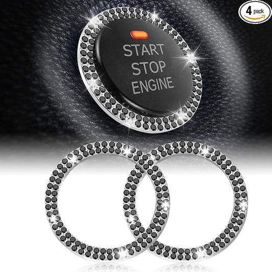 LivTee Car Engine Start Stop Decoration Ring, Crystal Double Rhinestone, Bling Car Interior Accessories for Women, Key Ignition & Knob Bling Ring, Push to Start Button Cover/Sticker, Black