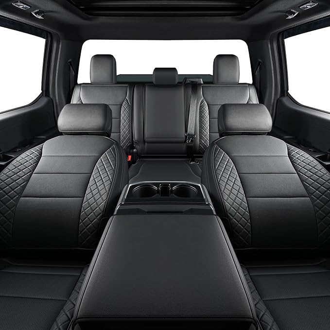 F150 Seat Covers, Custom Fit Ford 2020 2019 2018 2017 2016 2015 F150 XL XLT STX Super Crew Cab, Truck Seat Cover for 2015-2020 F 150 XL/XLT/Lariat Accessories, Black Leather