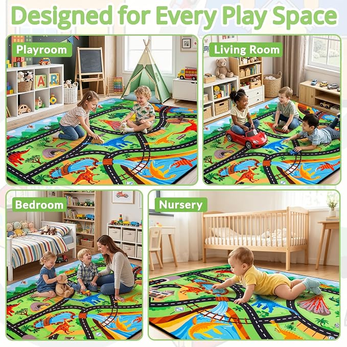 Kids Dinosaur Rug, 6x9 Ft Car Rug Play Mat for Kids | Extra Thick 0.4 in Soft Non-Slip Car Carpet Play Dino Rug with Realistic Roads for Toy Cars,Bedroom, Playroom & Nursery
