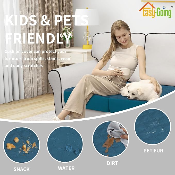 Easy-Going Waterproof Oversized Chair Cushion Covers, Non-Slip Leakproof Sofa Seat Cushion Slipcovers, Quilted and Stretch Furniture Protector (1-Piece Oversized Chair Cushion, Peacock Blue)